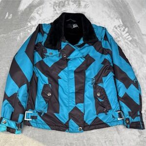 Fox Racing Coat Womens Medium Blue Black Embroidered Faux Fur Lined Jacket Moto